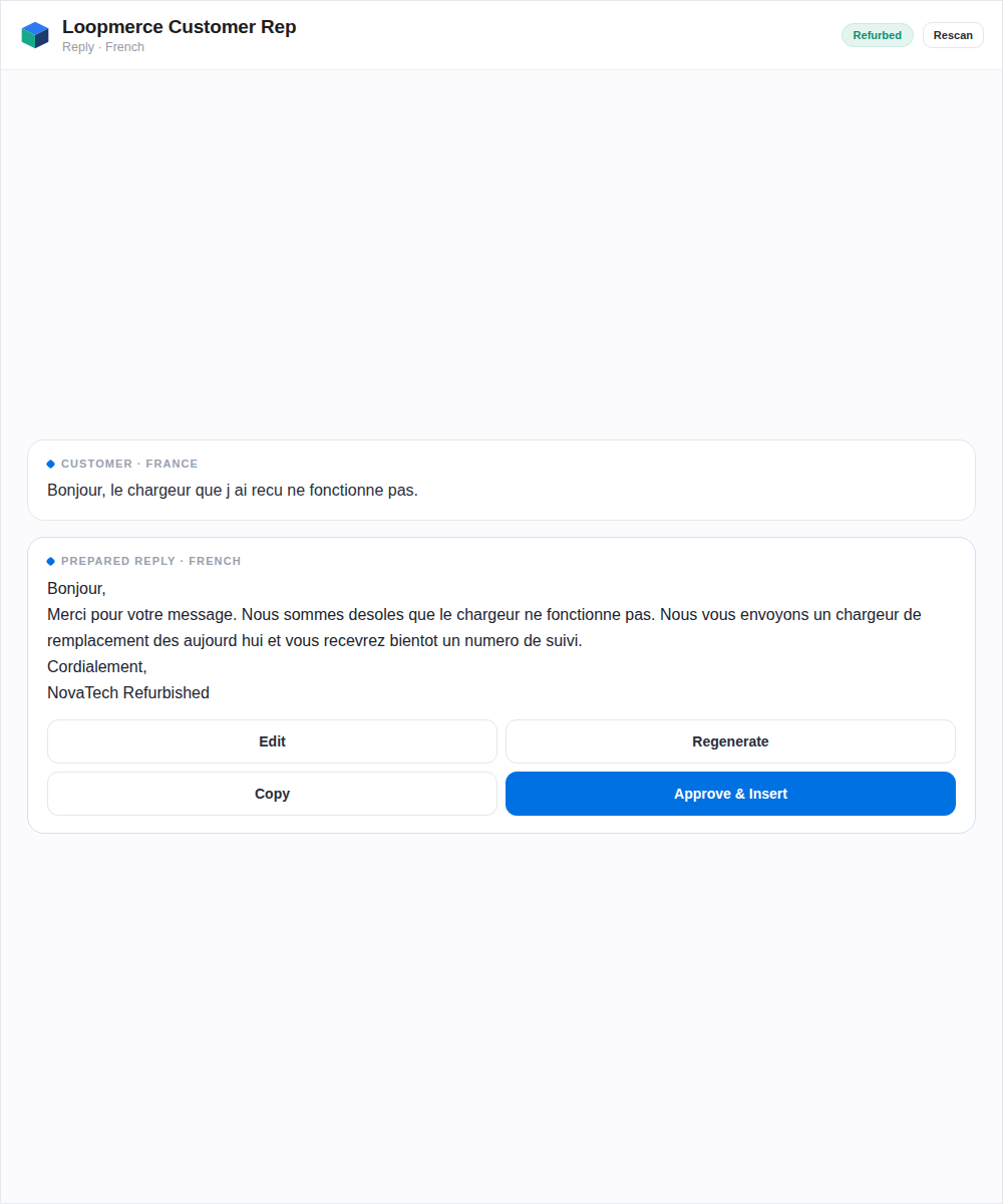 A suggested reply prepared in French